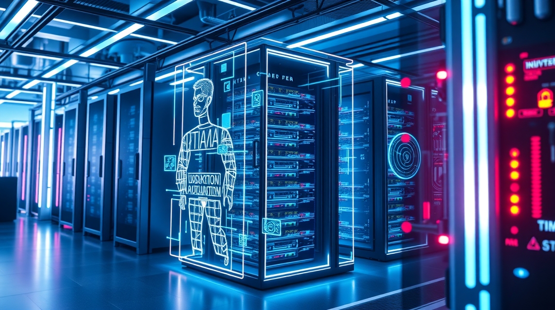 Moderný dátový centrá s modrým osvetlením a futuristickými prvkami.