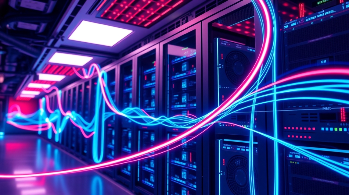 Moderné servery s farebnými svetelnými efektmi v dátovom centre.