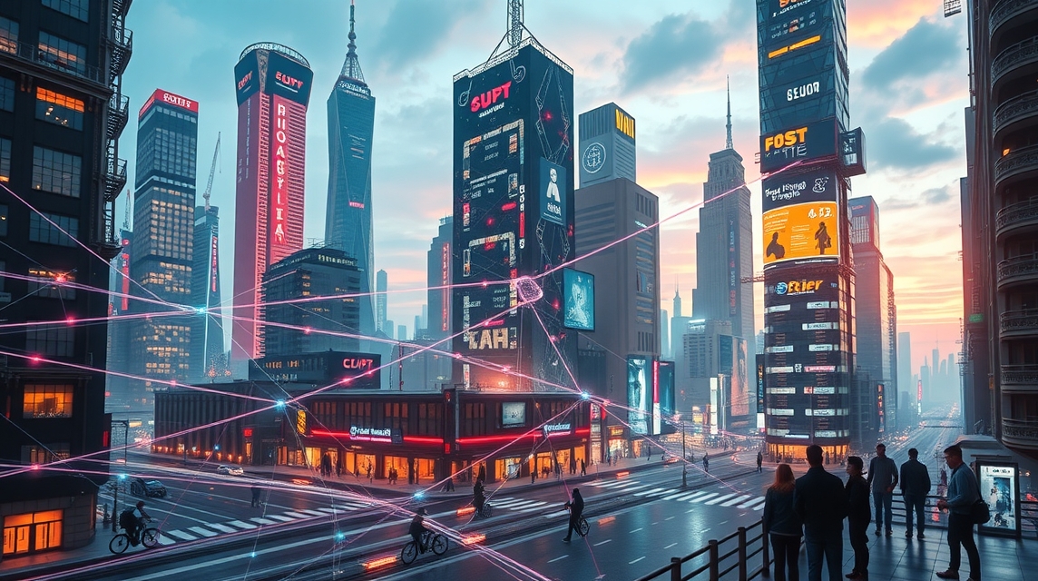 Moderné mestské prostredie s vysokými budovami a digitálnymi reklamami.