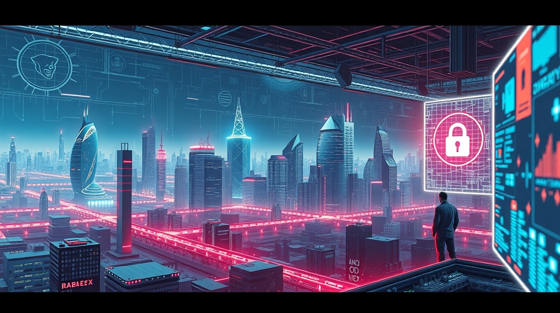 Muž stojí v modernom mestskom prostredí s futuristickými budovami a technológiou.