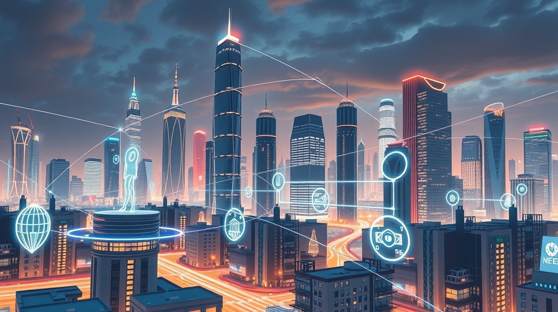Moderné mesto s futuristickými budovami a digitálnymi ikonami technológie.
