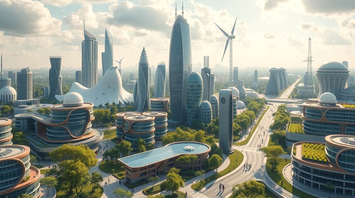 Moderné mestské prostredie s futuristickými budovami a zelenými plochami.