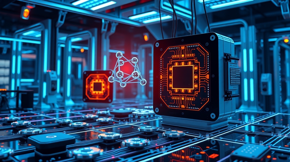 Moderné počítačové čipy a technológie v futuristickej laboratóriu.