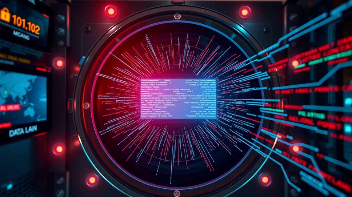 Záber na futuristický počítač s modrými a červenými svetlami a kódom na obrazovke.