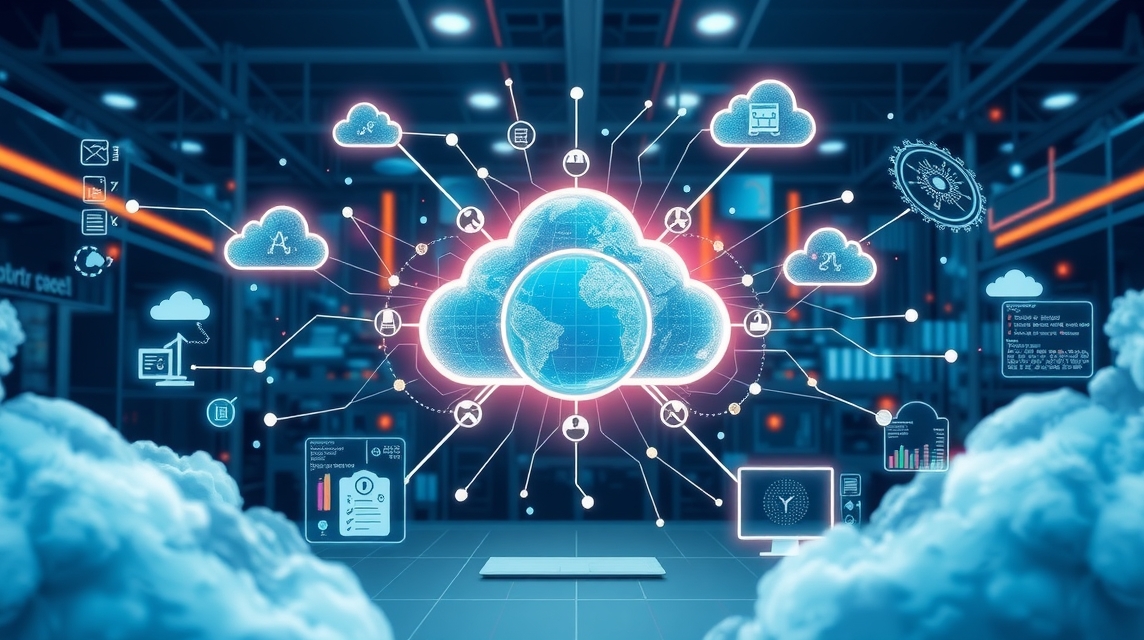 Ilustrácia znázorňujúca globálnu cloudovú sieť s ikonami technológií a dát.