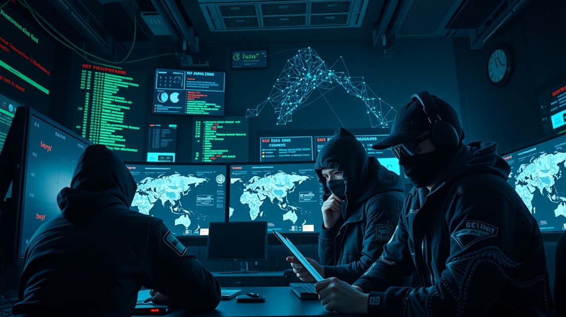 Skupina hackerov pracuje a analyzuje dáta na viacerých obrazovkách v temnej miestnosti.