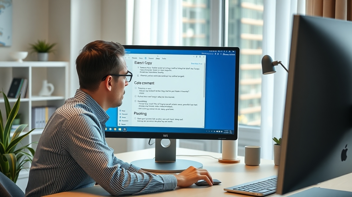 Muž pracuje számítógépen, jegyzetekkel a képernyőn, modern irodai környezetben.