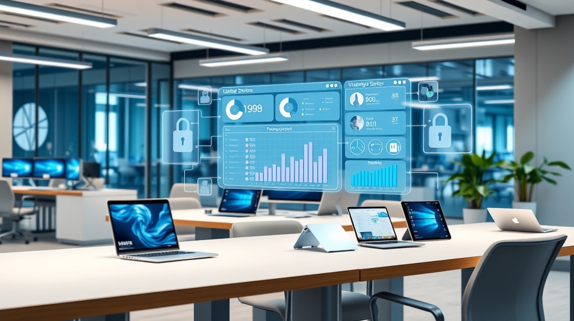 Moderná kancelária s holografickými grafmi a štatistikami na obrazovke.