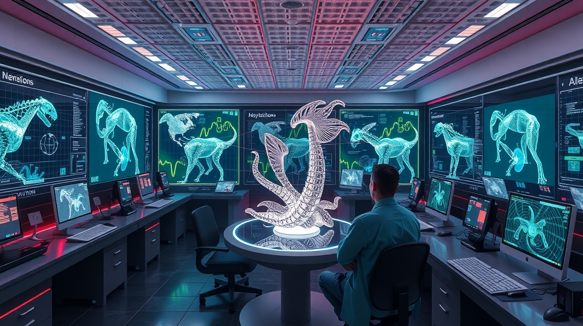 Muž sedí pred holografickým zobrazením dinosaurov v modernom laboratóriu.