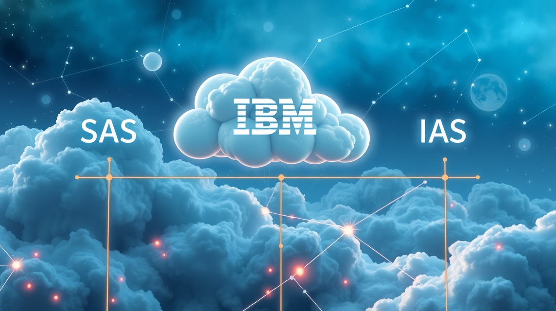 Obrázok znázorňuje cloud computing s logom IBM a označeniami SAS a IAS.
