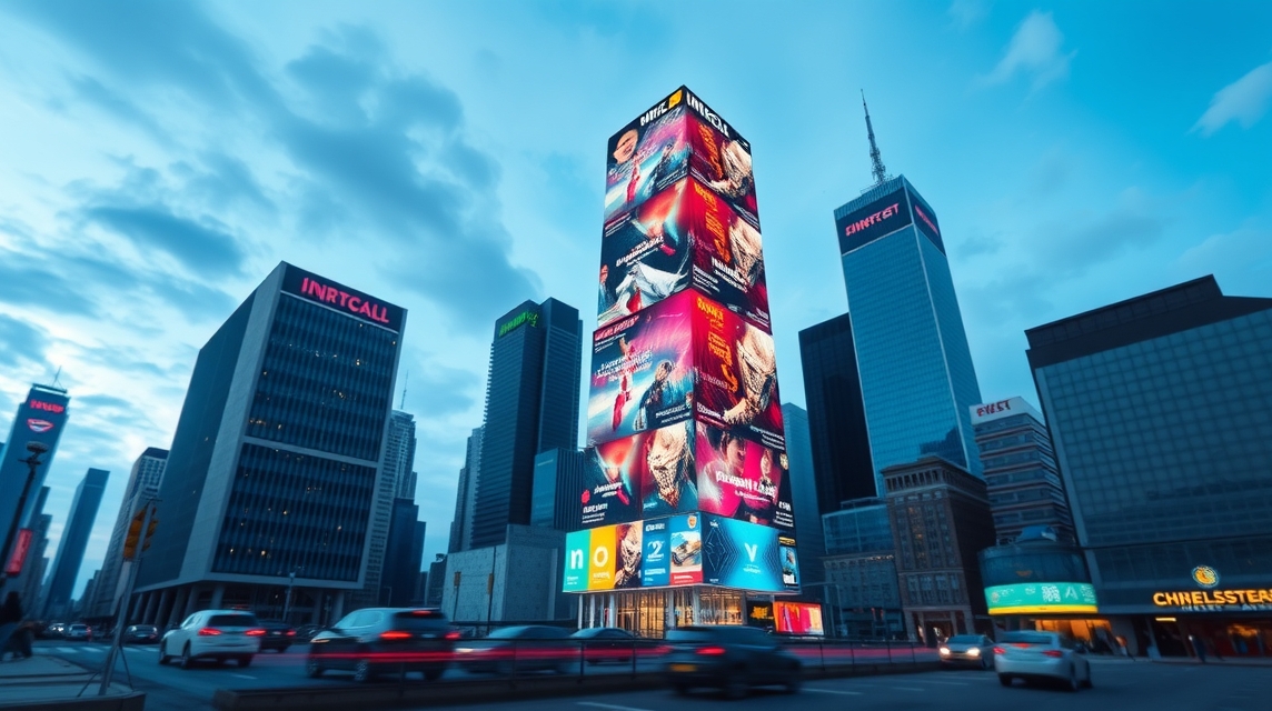 Veľký reklamný billboard na mrakodrape v mestskom prostredí s autami v pohybe.