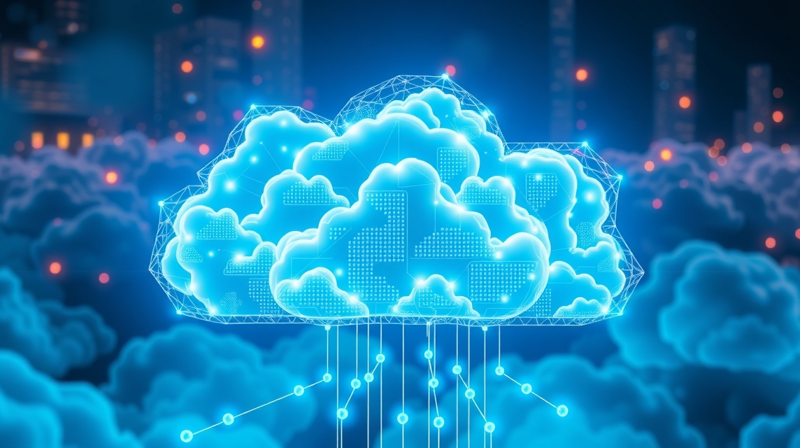 Digitálne zobrazenie oblakov s dátovými prúdmi a mestským pozadím.