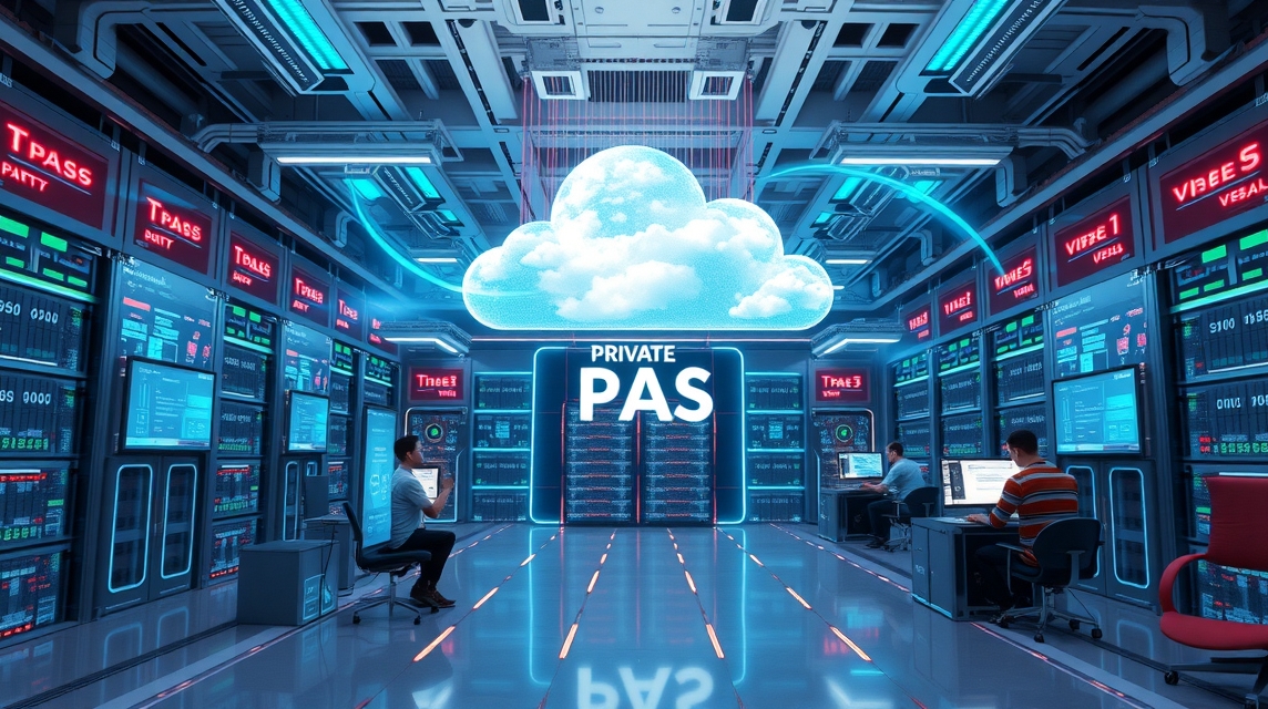 Moderné dátové centrum s cloudovou technológiou a pracovníkmi pri počítačoch.