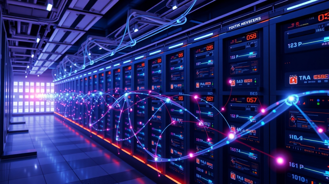 Moderné servery v dátovom centre s farebnými svetlami a káblami.
