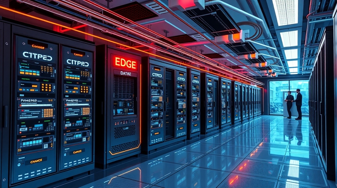 Moderný dátový centr s technológiou EDGE a servermi v pozadí.