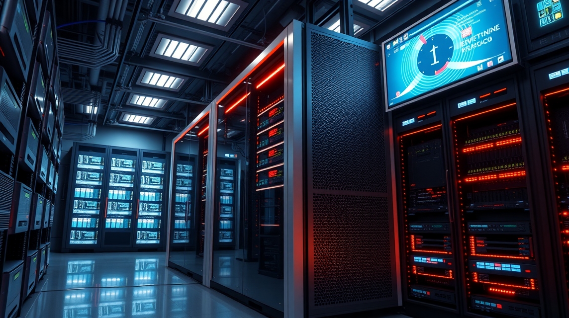Moderný dátový centrá s množstvom serverov a modrými LED svetlami.