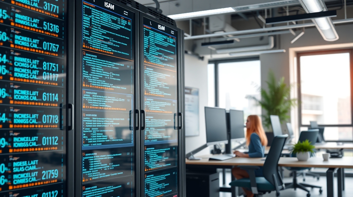 Moderná kancelária s počítačovými obrazovkami a serverom s kódmi.