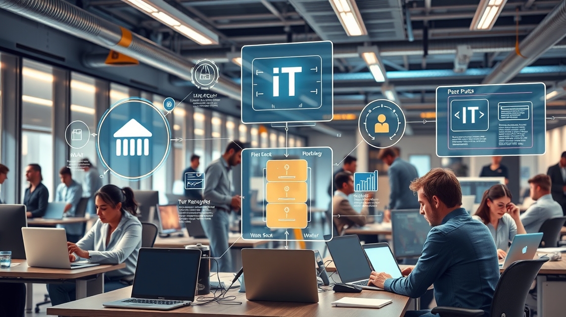 Moderná kancelária s pracovníkmi, ktorí používajú počítače a technológie.