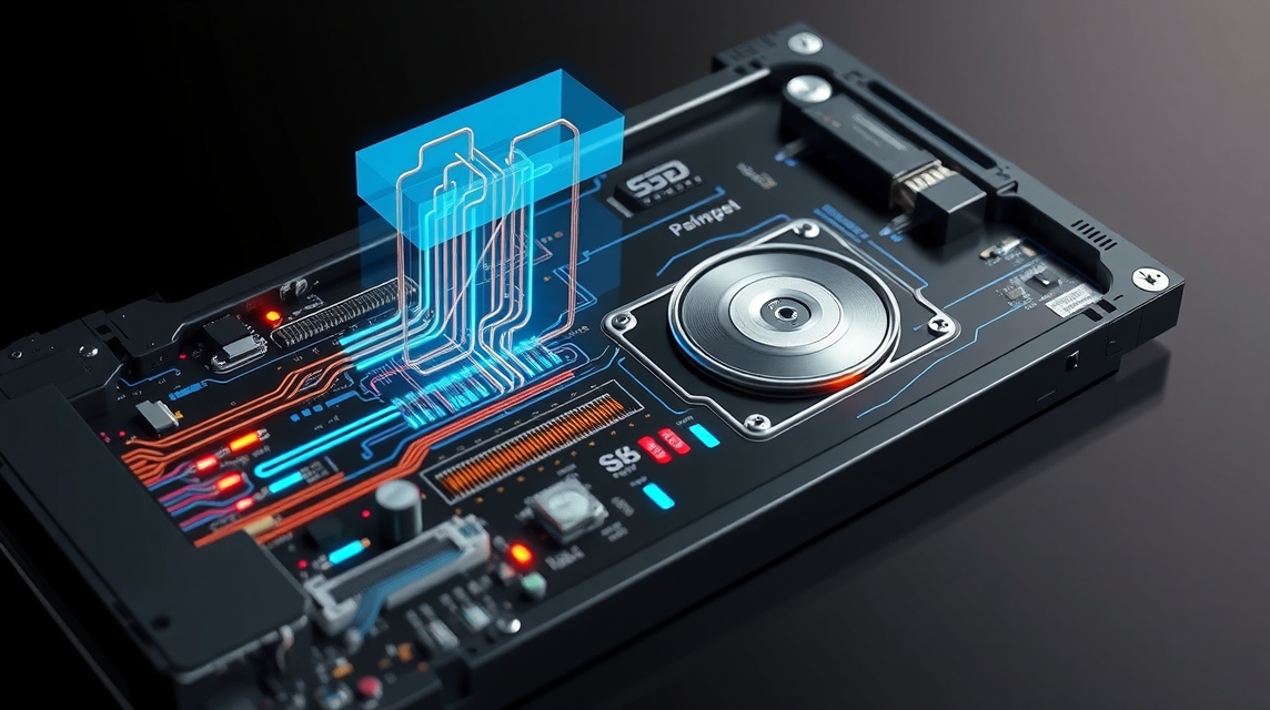 Detailný pohľad na SSD disk s elektronickými obvodmi a modrými svetelnými efektmi.