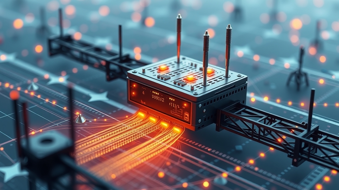 Detailný pohľad na moderný technologický prístroj s optickými káblami a LED svetlami.