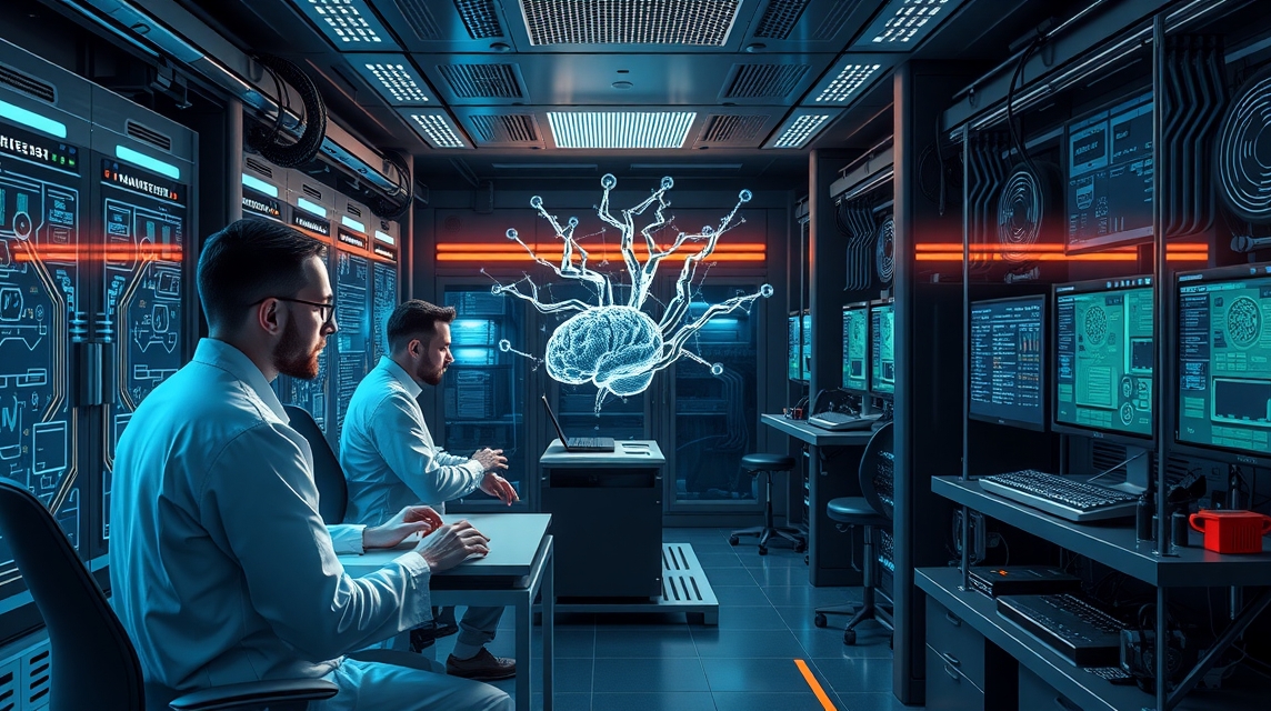 Dva vedci dolgozva a laboratóriumban, holografikus agyábrázolással.