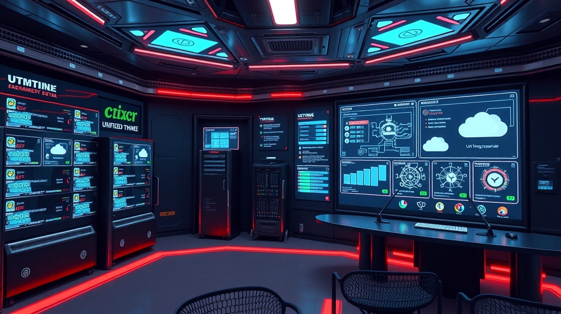 Moderná technológia v riadiacej miestnosti s viacerými obrazovkami a dátovými panelmi.