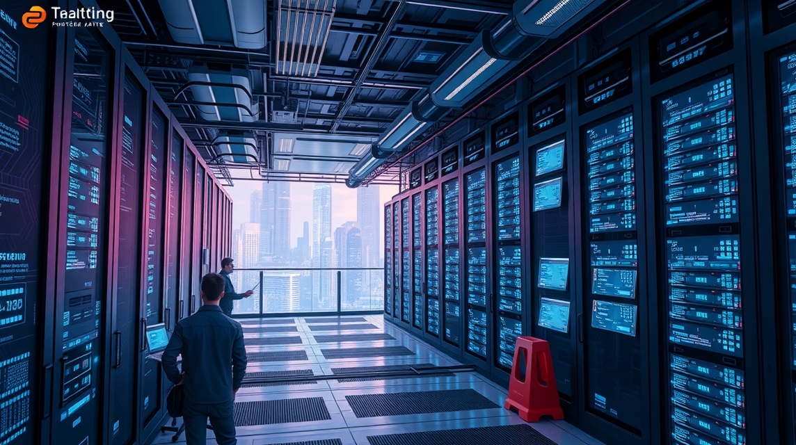 Moderná serverová miestnosť s modrými obrazovkami a mestským výhľadom.