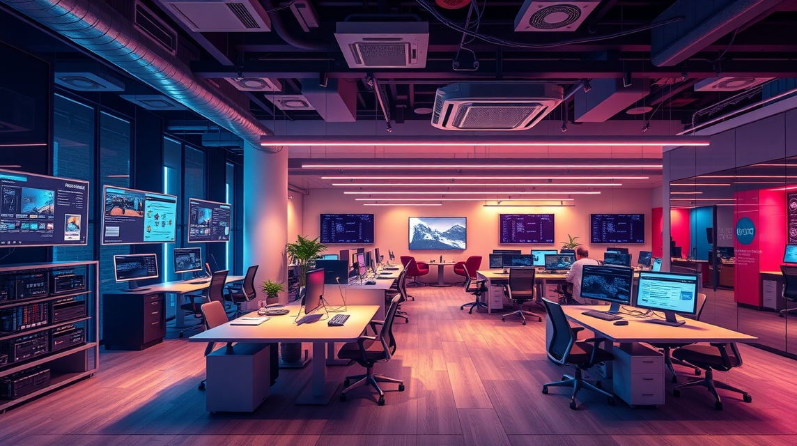 Moderné kancelárske prostredie s viacerými počítačmi a obrazovkami.