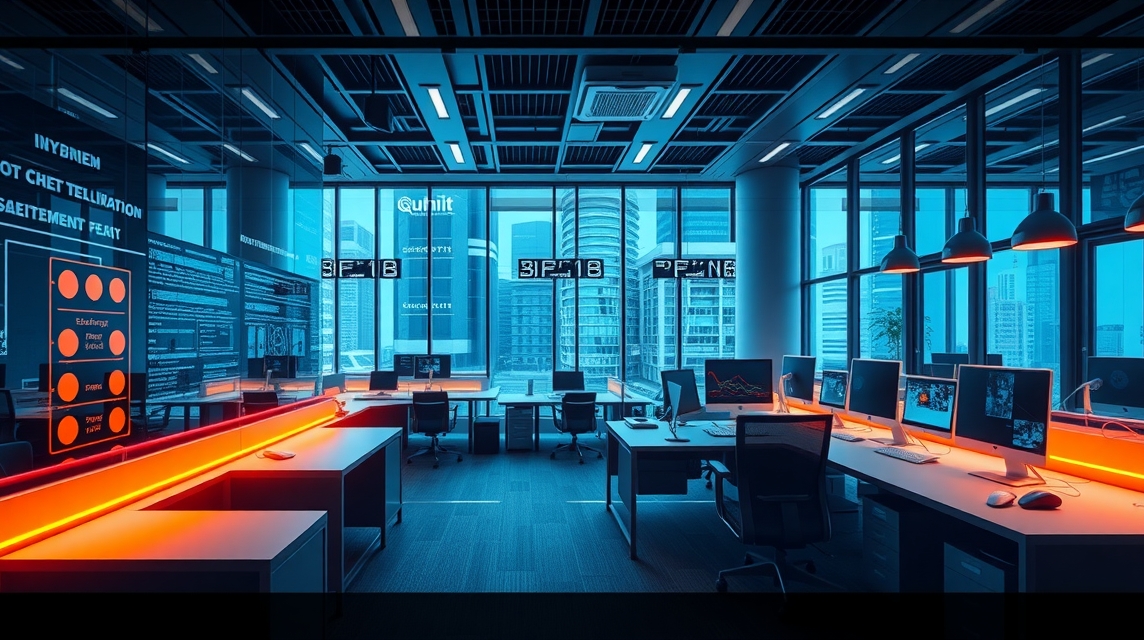 Moderné kancelárske prostredie s počítačmi a sklenenými stenami.