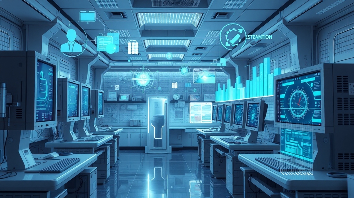 Moderná technológia v laboratóriu s viacerými počítačmi a holografickými zobrazeniami.