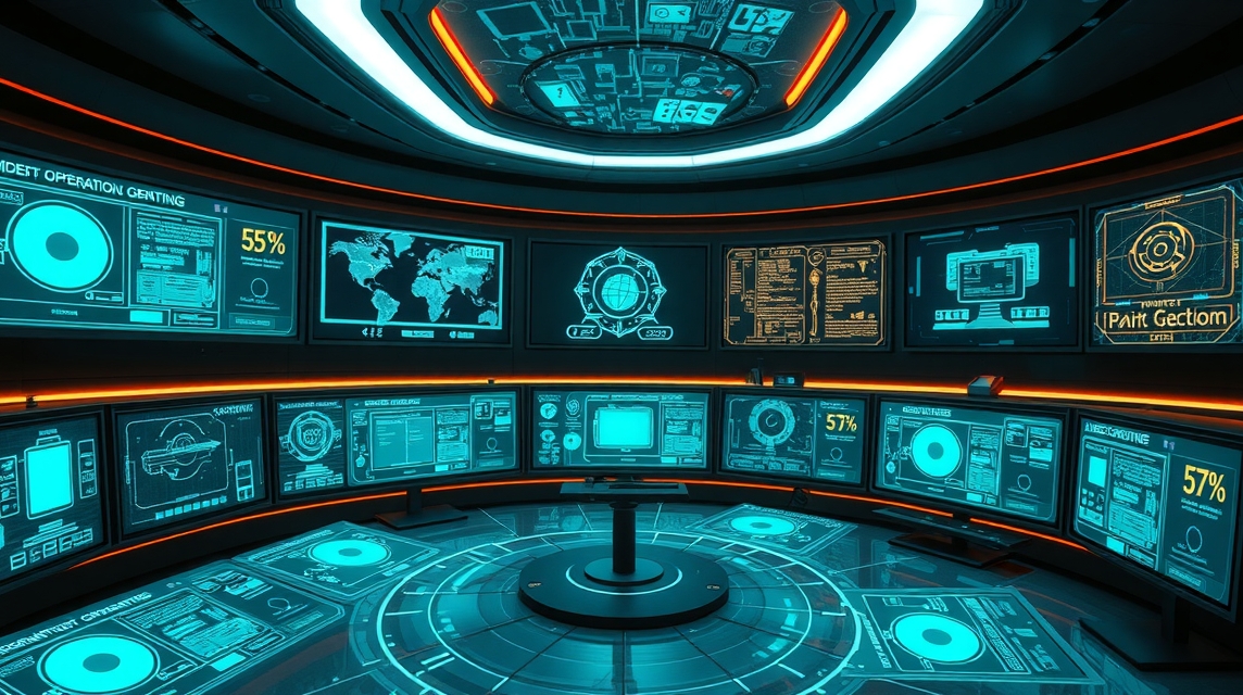 Moderné ovládacie centrum s viacerými obrazovkami a technológiou.