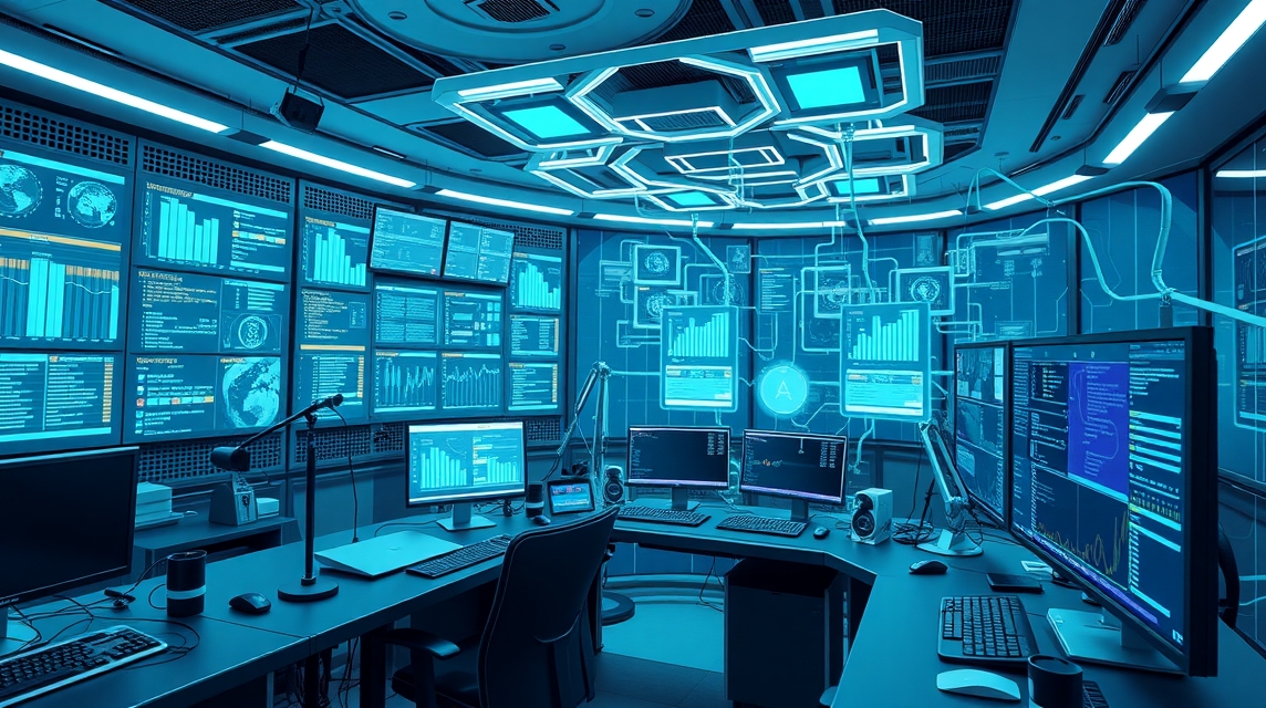 Moderné pracovisko s viacerými obrazovkami a technológiou na analýzu dát.