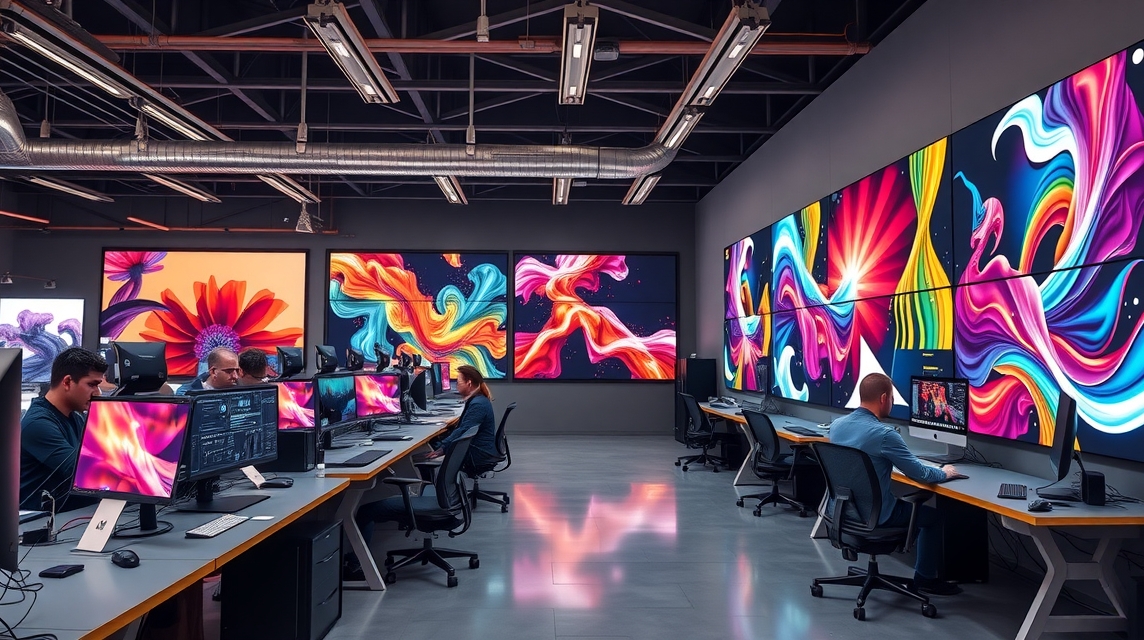 Moderná kancelária s viacerými počítačmi a veľkými obrazovkami s farebnými grafikami.