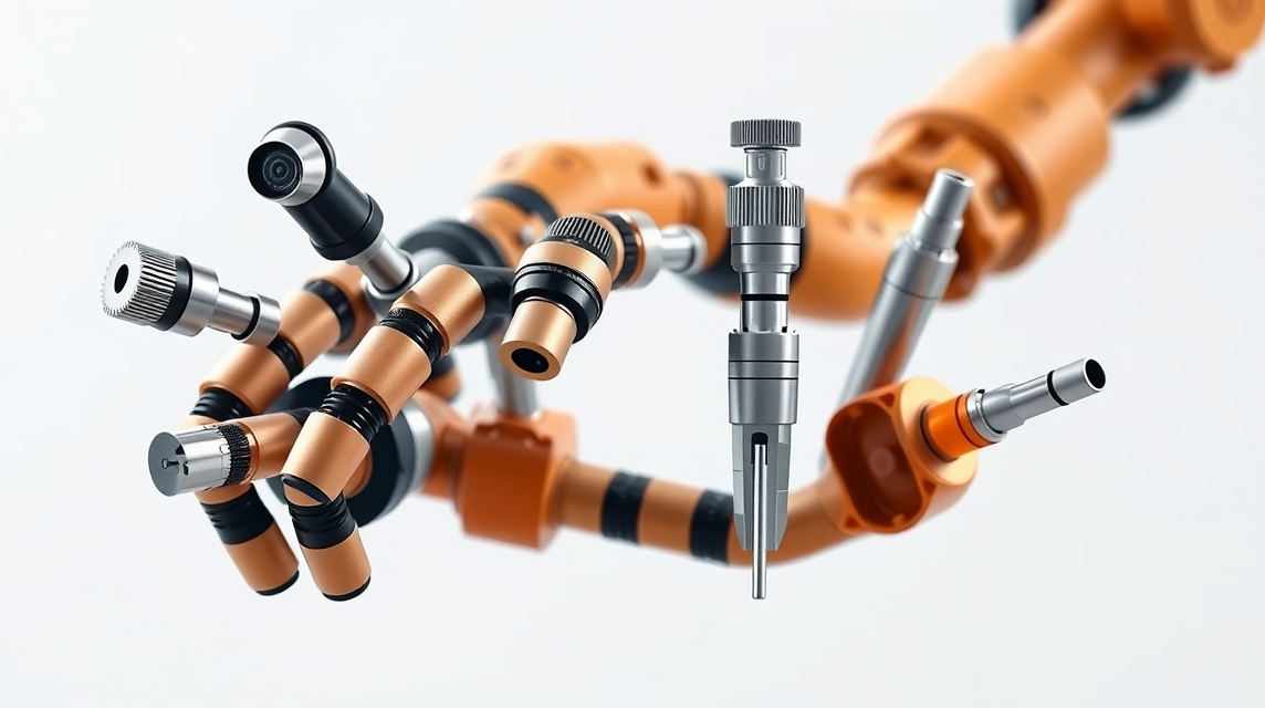 Robotická ruka s rôznymi nástrojmi a pripojením na manipuláciu.