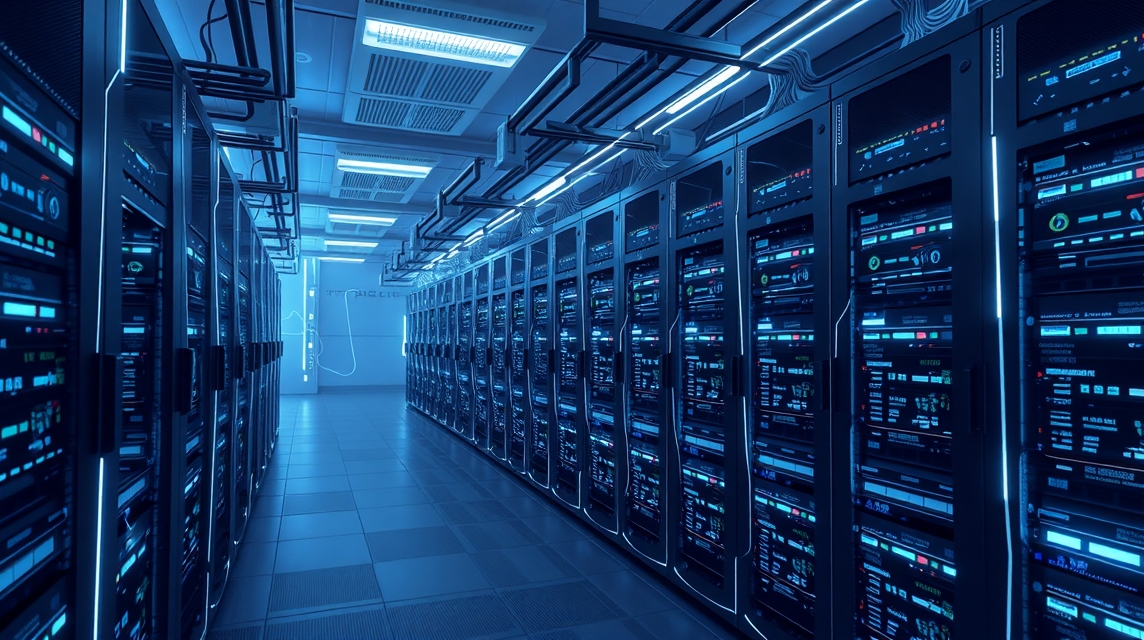 Moderná serverová miestnosť s radmi čiernych serverov a modrým osvetlením.
