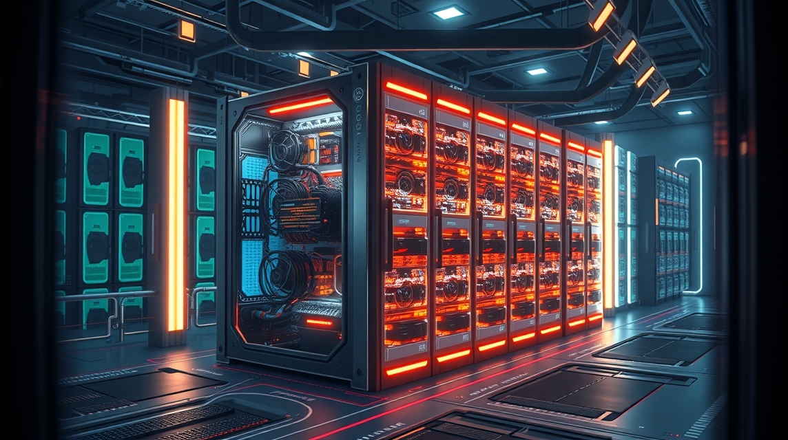 Moderné servery s jasným osvetlením a prepojenými káblami v dátovom centre.