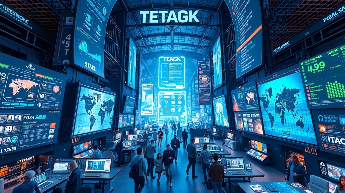 Moderná technologická miestnosť s veľkými obrazovkami a ľuďmi pracujúcimi na počítačoch.