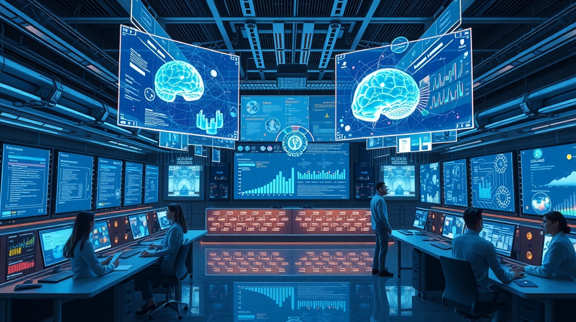 Moderná technologická miestnosť s obrazovkami a grafmi o mozgu a dátach.