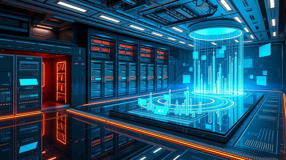 Moderná dátová centrála s holografickými grafmi a osvetlením.