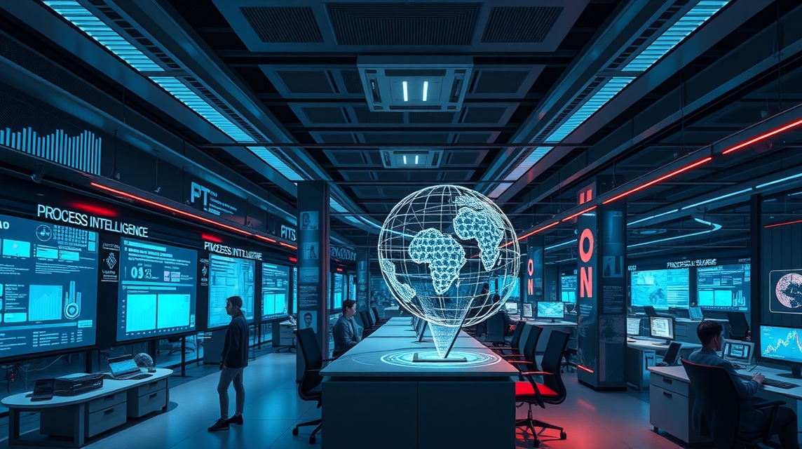 Moderná kancelária s holografickou zemeguľou a digitálnymi obrazovkami.