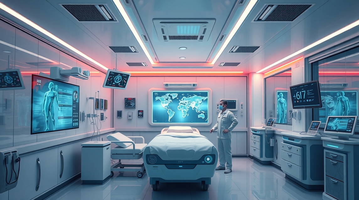 Moderná nemocničná izba s lekárom, digitálnymi obrazovkami a lôžkom.