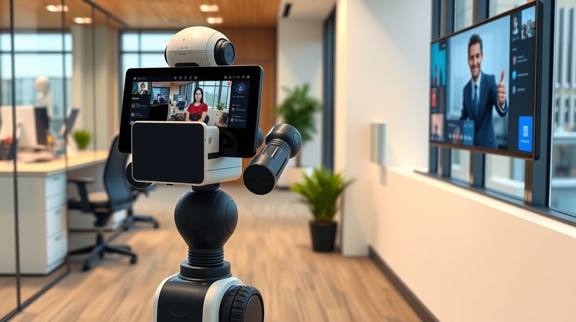 Robot s obrazovkou, ktorý zobrazuje videohovor v modernom kancelárskom prostredí.