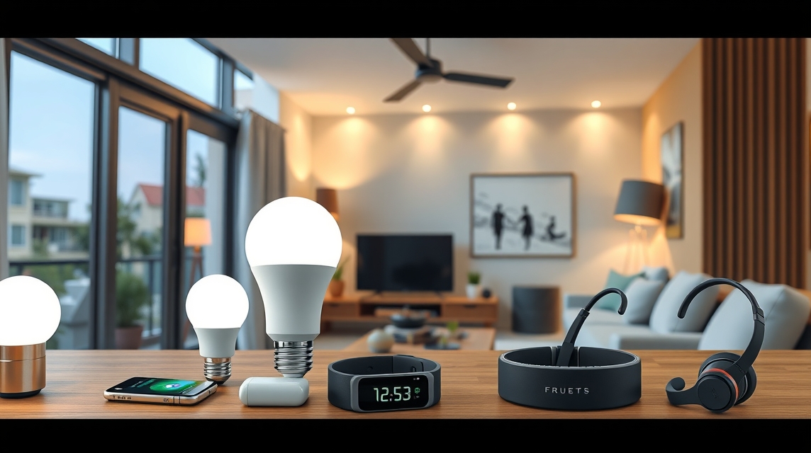 Na stole sú rôzne inteligentné zariadenia, vrátane žiaroviek a slúchadiel.