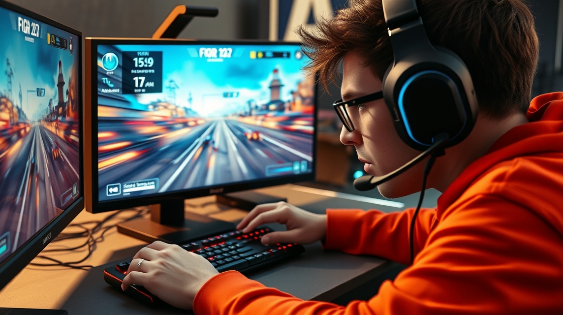 Mladý hráč sústredene hrá videohru na dvoch monitoroch s herným ovládačom.