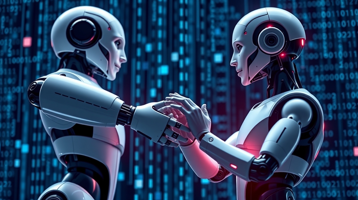 Dva humanoidní roboti si podávajú ruky na pozadí digitálnych kódov.