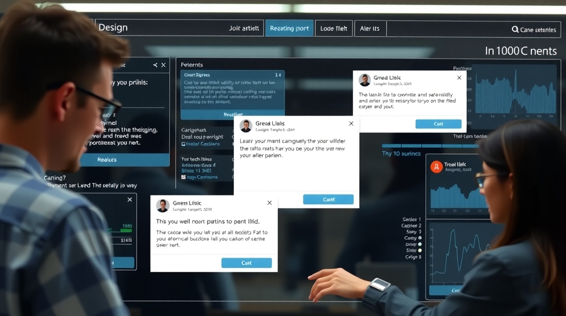 Dve osoby interagujú s digitálnym rozhraním, ktoré zobrazuje grafy a správy.