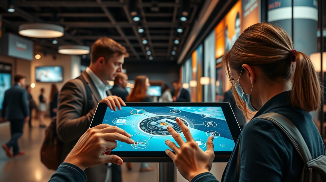 Žena s rúškom interaguje s dotykovým displejom na výstave technológií.