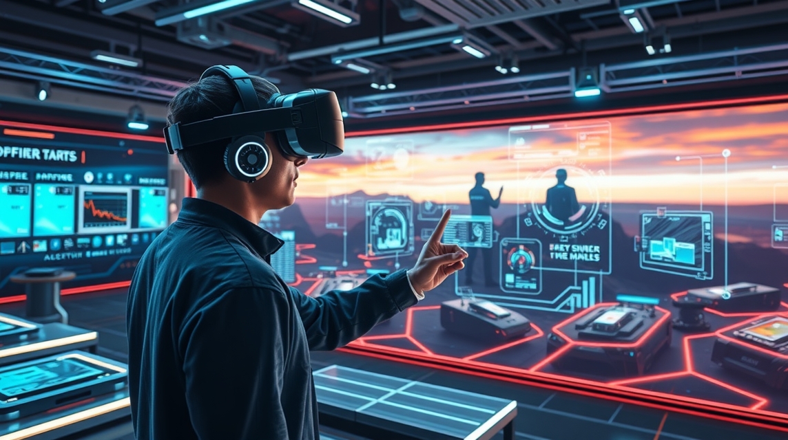 Muž nosí VR headset, interaktívne ovládanie v modernom prostredí.