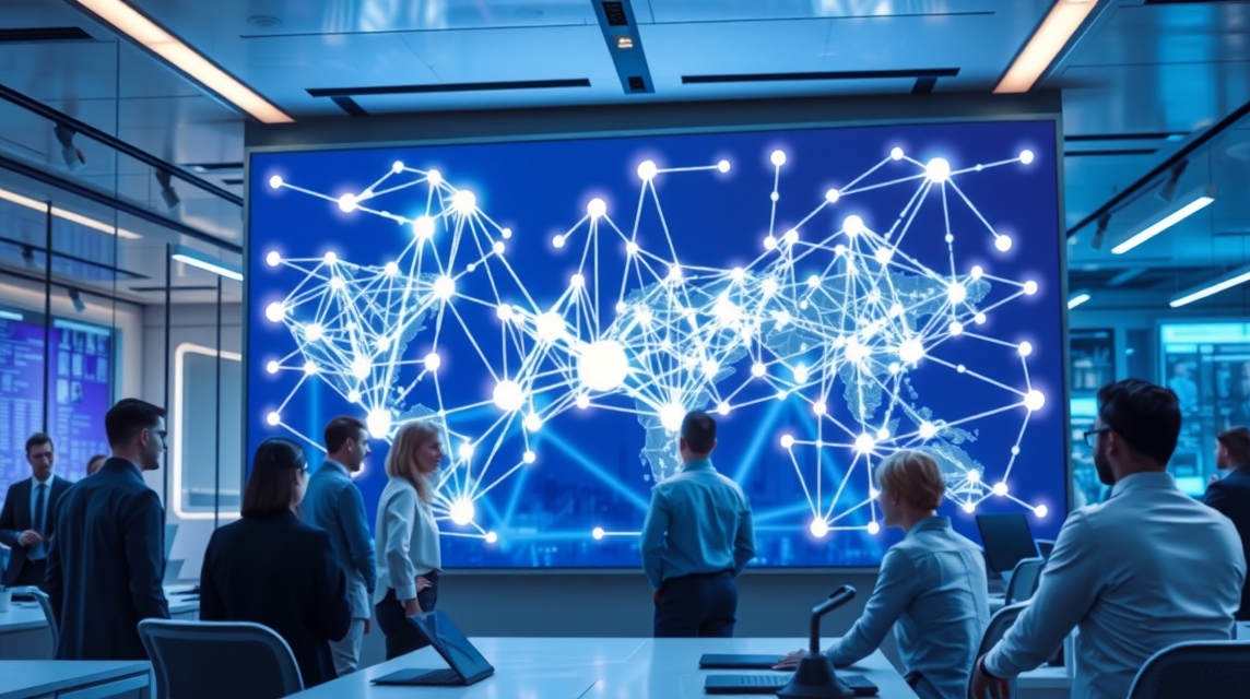 Skupina profesionálov sleduje interaktívnu mapu s prepojeniami na veľkej obrazovke.