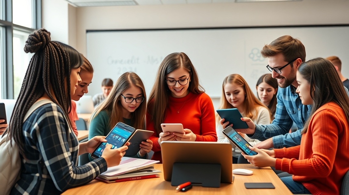 Skupina študentov v triede, ktorí používajú mobilné zariadenia a tablety.